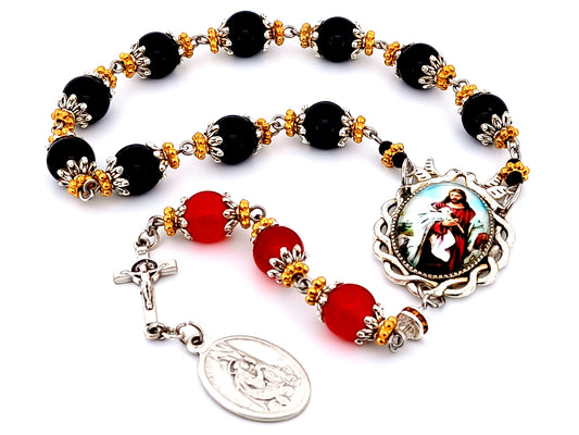 Saint Mary Magdalene unique rosary beads gemstone prayer chaplet with Jesus The Good Shepherd domed picture medal.
