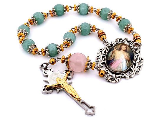Divine Mercy unique rosary beads gemstone single decade rosary beads with Saint Benedict stainless steel crucifix.