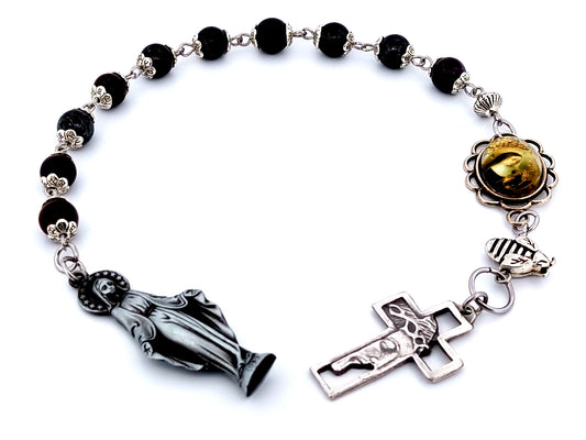 Saint Rita gemstone single decade rosary beads with Our Lady of Grace pewter medal and Crown of Thorns cross.