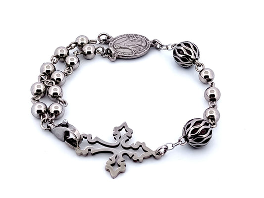 Miraculous medal unique rosary beads stainless steel single decade rosary bead bracelet with silver lattice beads and linking cross.
