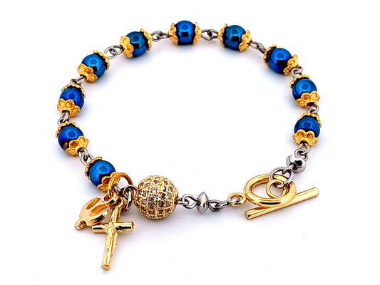 Holy Spirit unique rosary beads crystal and gemstone single decade rosary bracelet with small gold crucifix.