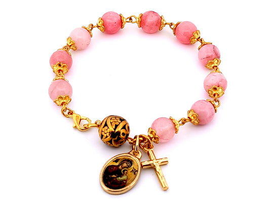 Our Lady of Perpetual Help unique rosary beads quartz gemstone single decade rosary bracelet with small gold crucifix.