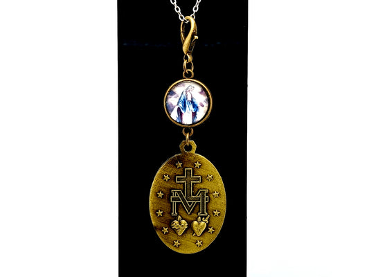 Miraculous medal with Our Lady of Grace antique style medal purse clip with brass lobster clasp.