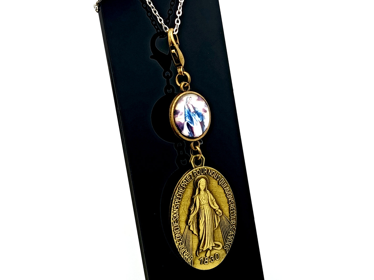 Miraculous medal with Our Lady of Grace antique style medal purse clip with brass lobster clasp.