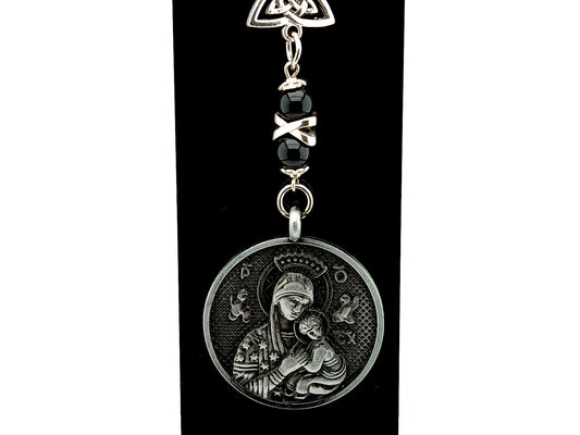 Extra large Our Lady of Perpetual Help unique rosary beads pewter style medal purse clip on lobster purse clasp.
