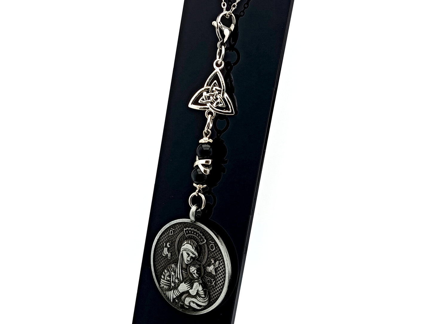 Extra large Our Lady of Perpetual Help unique rosary beads pewter style medal purse clip on lobster purse clasp.