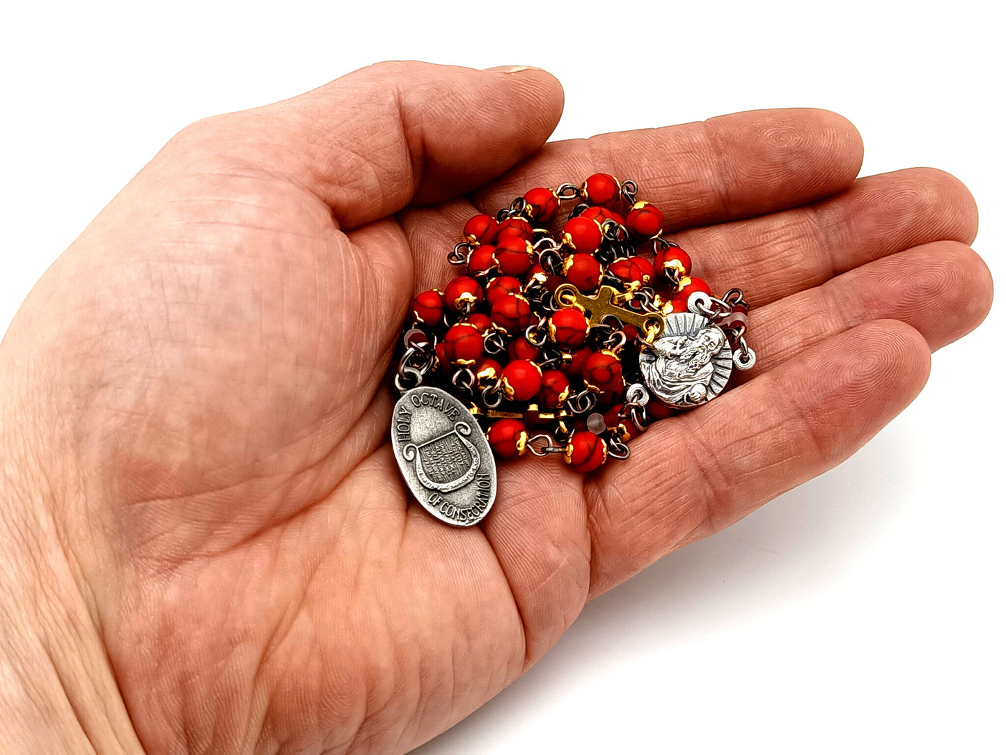 God The Father unique rosary beads gemstone prayer chaplet with Holy Octave of Consecration medal and gold crosses.