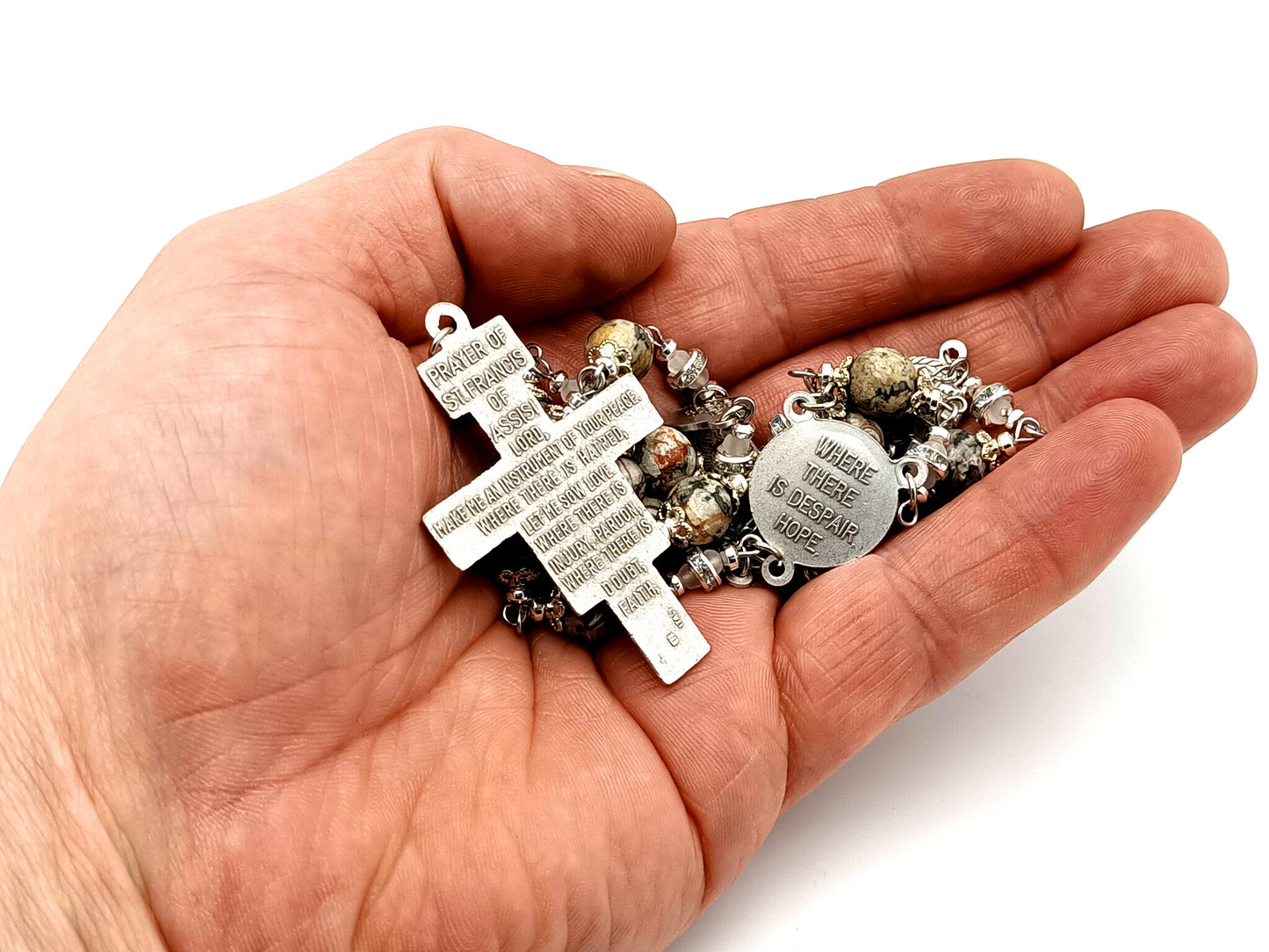 Saint Francis of Assisi unique rosary beads gemstone prayer chaplet with Saint Francis prayer crucifix and medals.