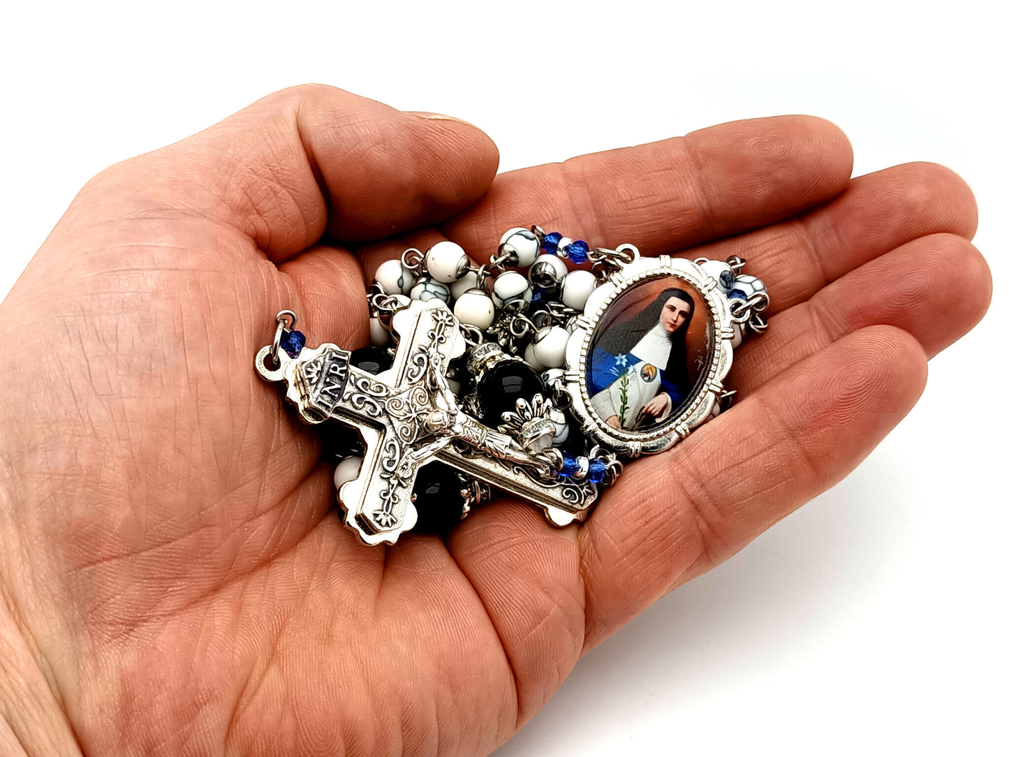 Mother Mariana de Jesus Torres unique rosary beads gemstone rosary beads with double layered scroll crucifix.