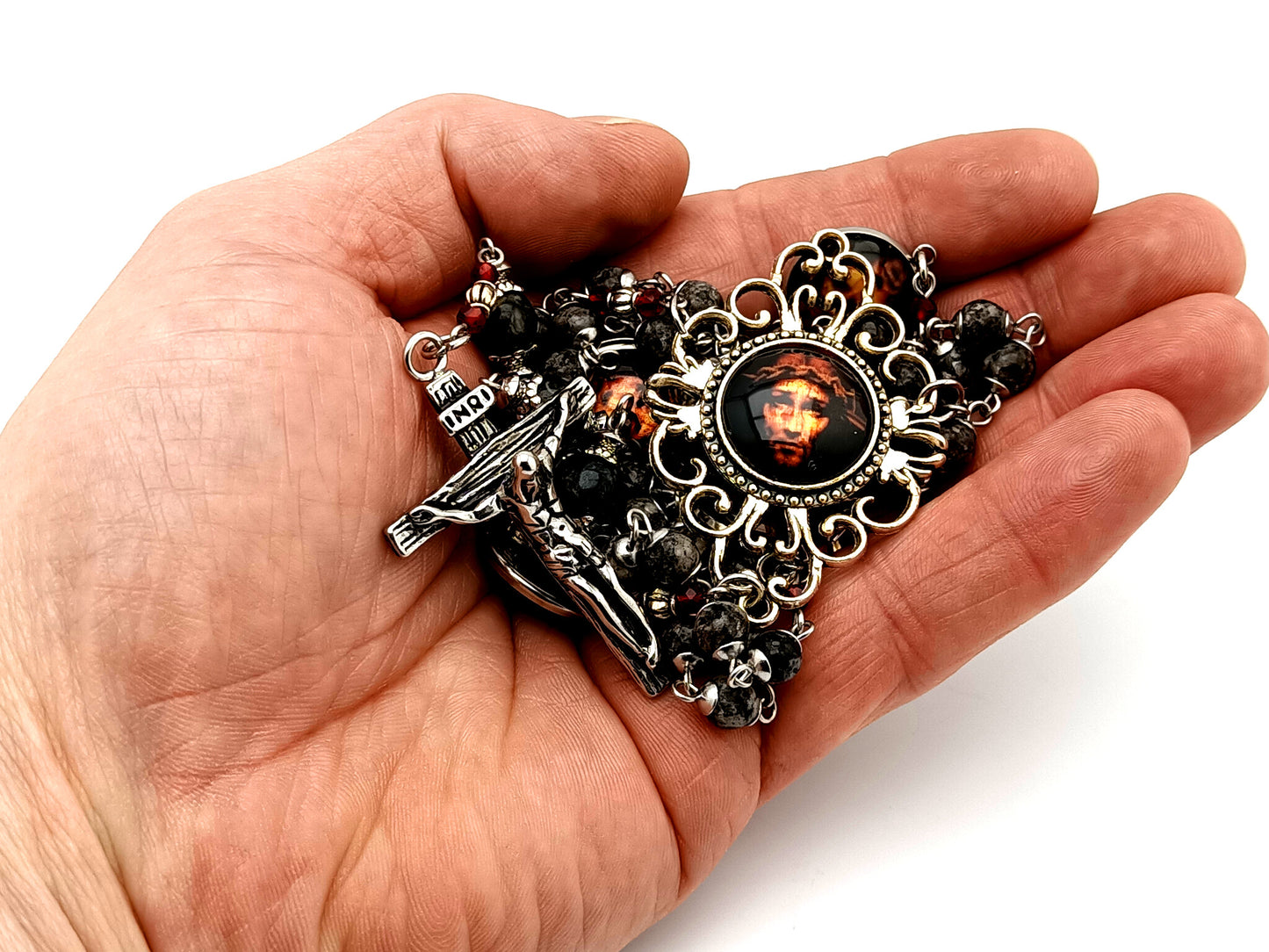 Precious Blood of Jesus unique rosary beads Jasper gemstone prayer chaplet with Holy Face of Jesus picture medals.