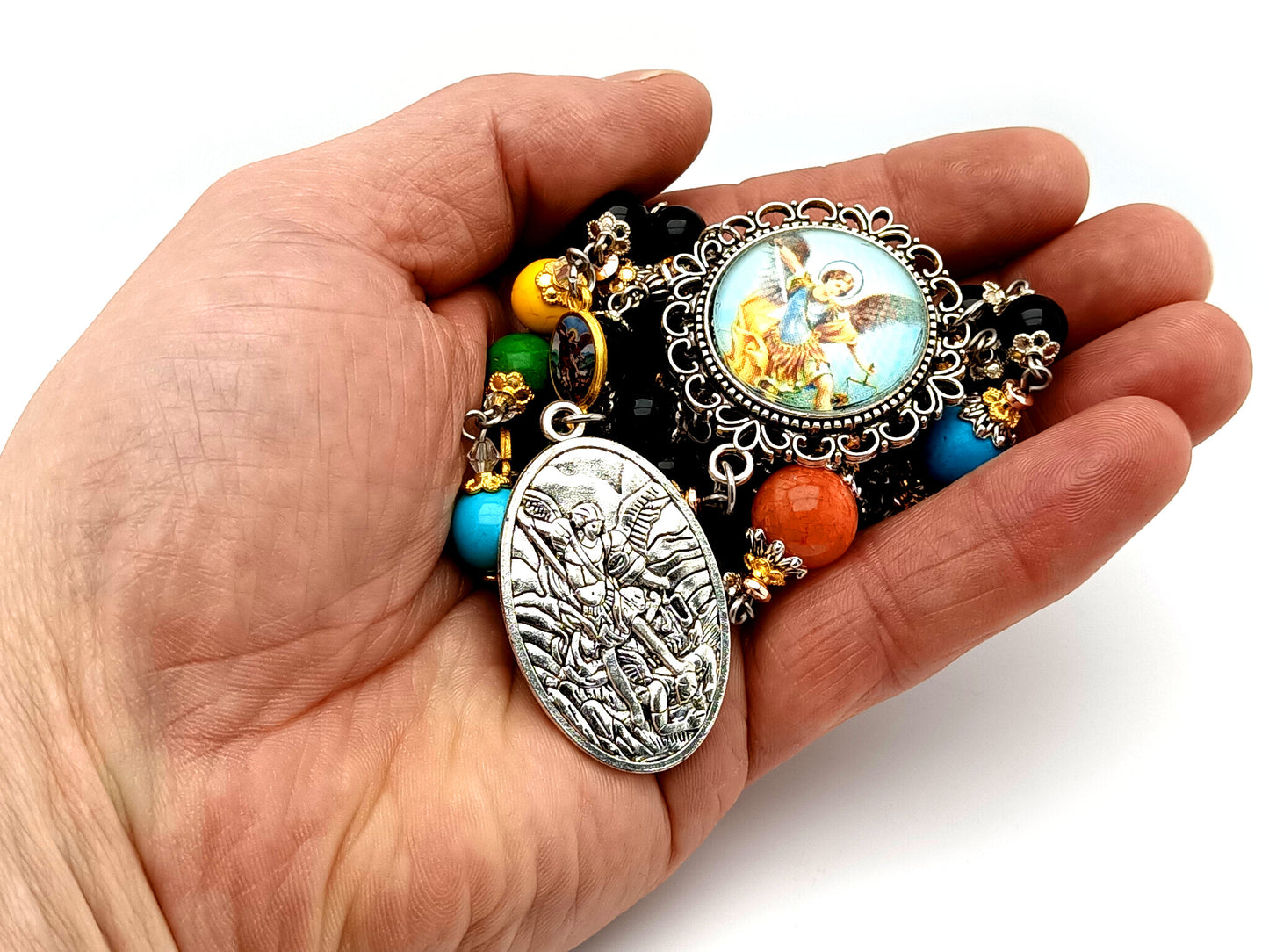 Saint Michael unique rosary beads onyx gemstone prayer chaplet with Guardian Angel medal and gemstone meditation beads.