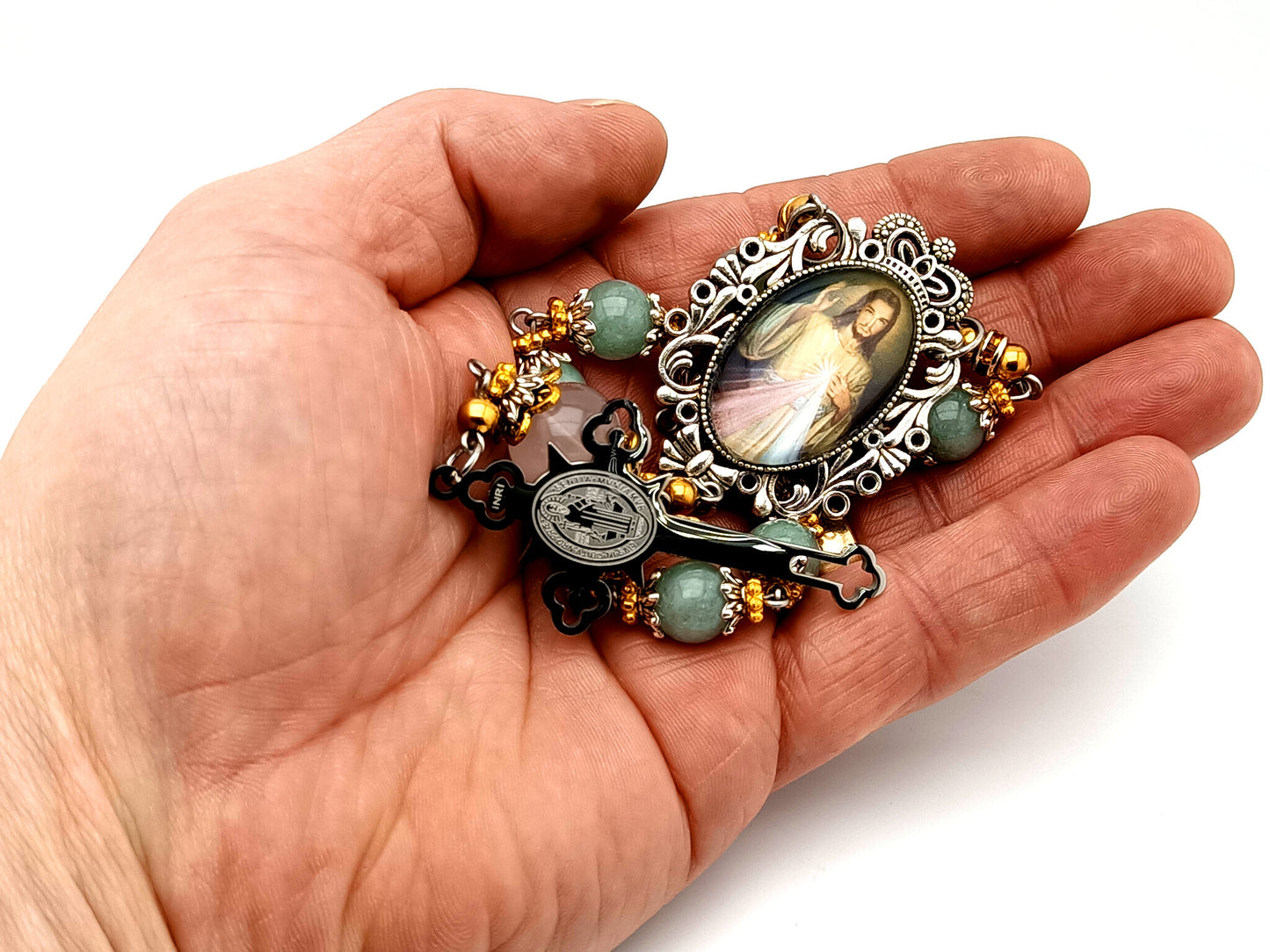 Divine Mercy unique rosary beads gemstone single decade rosary beads with Saint Benedict stainless steel crucifix.