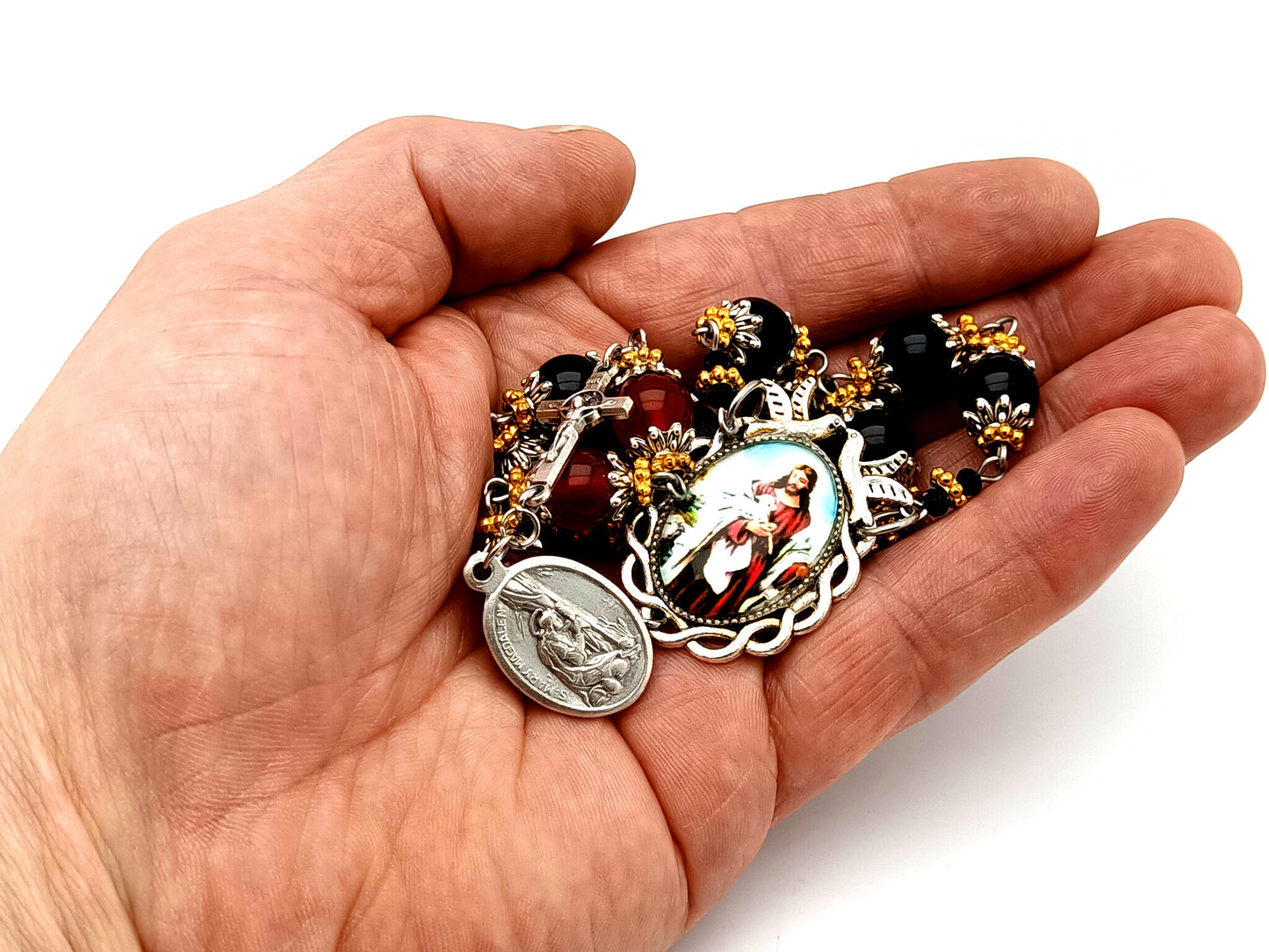 Saint Mary Magdalene unique rosary beads gemstone prayer chaplet with Jesus The Good Shepherd domed picture medal.
