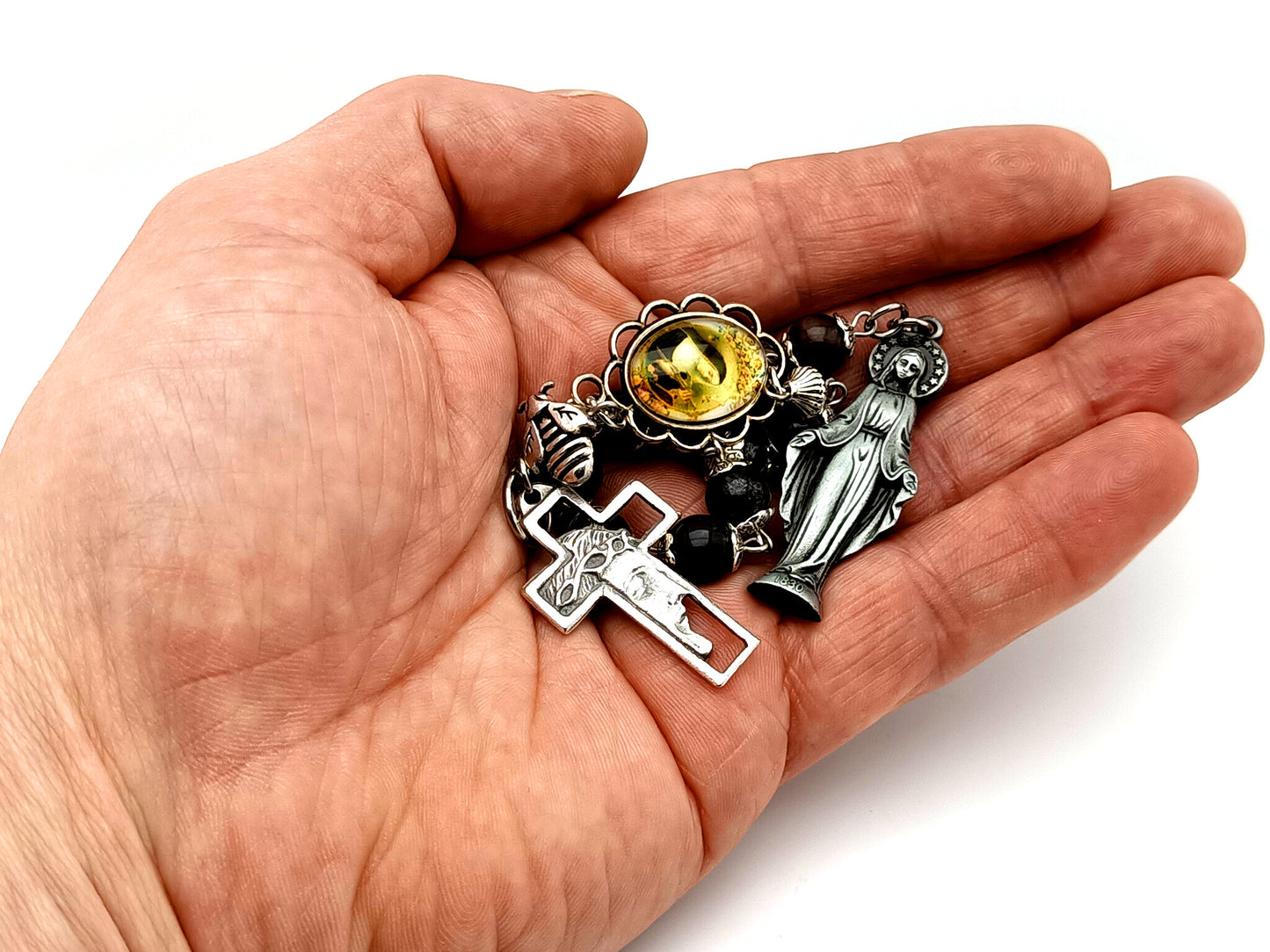 Saint Rita gemstone single decade rosary beads with Our Lady of Grace pewter medal and Crown of Thorns cross.