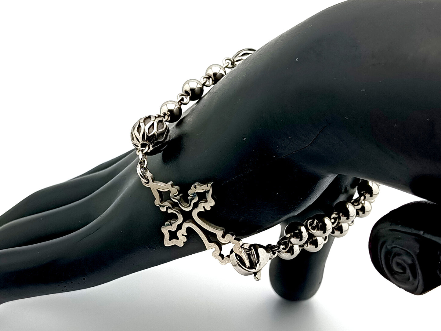 Miraculous medal unique rosary beads stainless steel single decade rosary bead bracelet with silver lattice beads and linking cross.