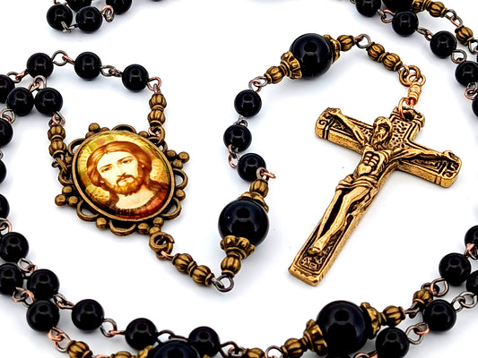 Vintage style Byzantine Jesus unique rosary beads onyx gemstone rosary beads with antique style brass crucifix.