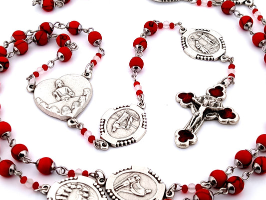Seven Sacraments unique rosary beads gemstone rosary beads with red enamel rose crucifix.
