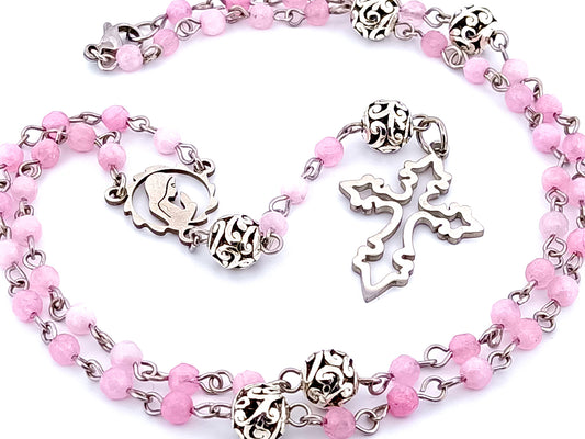 Miniature Virgin Mary unique rosary beads wearable rose quartz gemstone rosary beads and mini stainless steel cross.