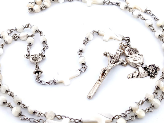 First Holy Communion unique rosary beads chalice mother of pearl rosary beads with Saint John Paul II crucifix.