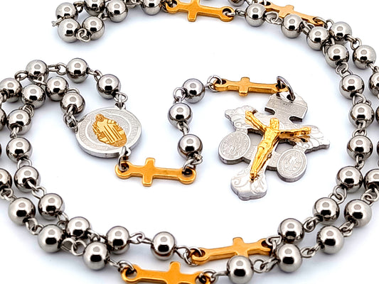 Saint Benedict unique rosary beads stainless steel wearable rosary bead necklace with etched pardon crucifix and gold linking cross beads.