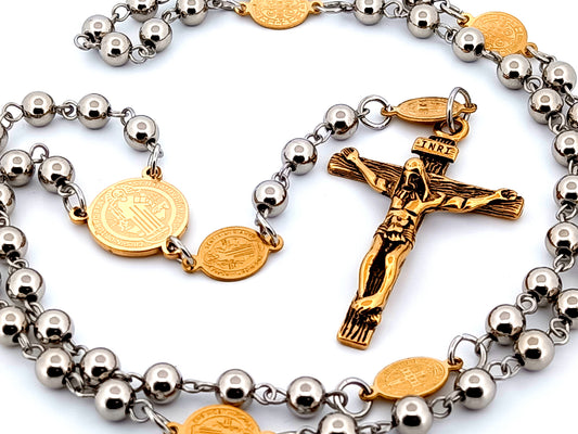 Saint Benedict unique rosary beads gold plated stainless steel wearable rosary bead necklace with gold plated stainless steel crucifix.