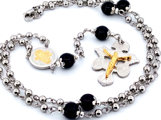 Saint Benedict unique rosary beads medal stainless steel wearable rosary bead necklace with opal gemstone beads.