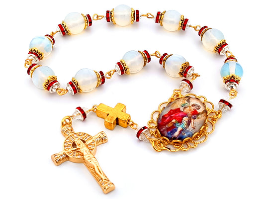 Saint Michael opal unique rosary beads gemstone single decade rosary beads with gold plated crystal crucifix.