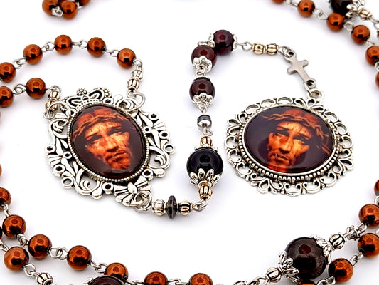 Precious Blood of Jesus unique rosary beads hematite gemstone prayer chaplet with Holy Face of Jesus domed picture medals.