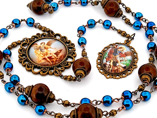 Saint Michael unique rosary beads hematite gemstone vintage style prayer chaplet with brass Saint Michael medal.