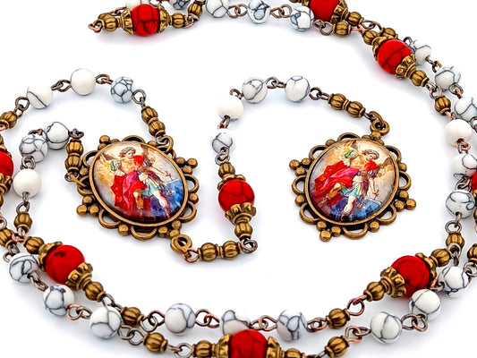 Saint Michael unique rosary beads gemstone vintage style prayer chaplet with brass Saint Michael medal.