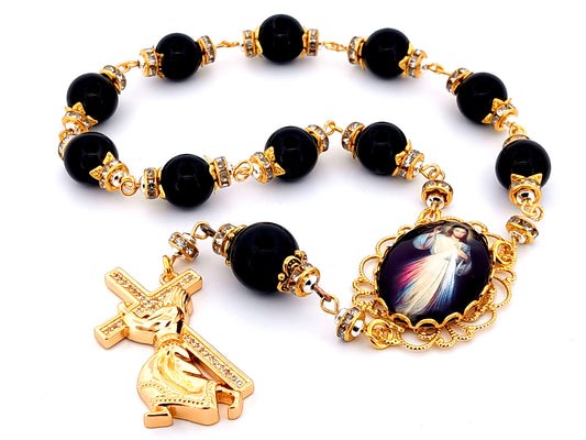 Divine Mercy onyx gemstone single decade rosary beads with gold plated Stations of the Cross crucifix.