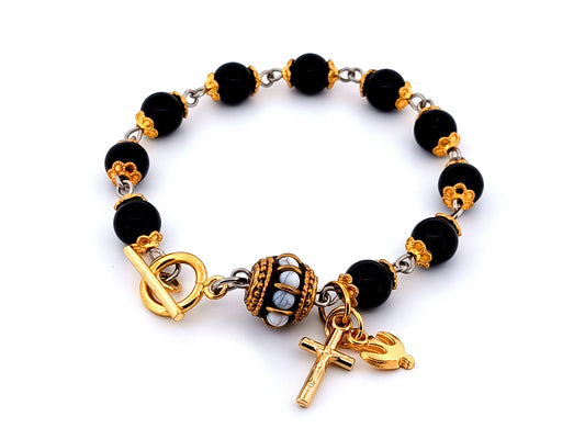Holy Spirit onyx gemstone unique rosary beads single decade rosary bead bracelet with gold plated mini crucifix.
