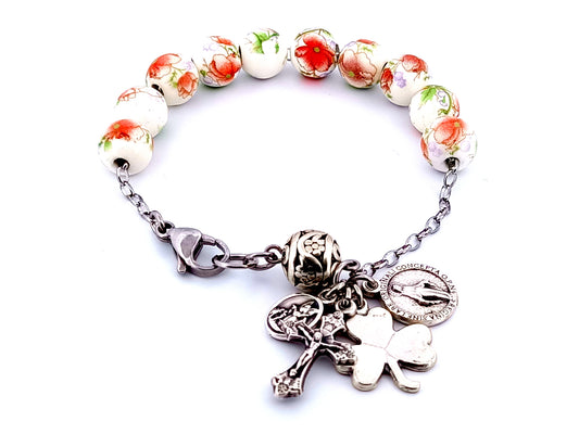 Miraculous medal unique rosary beads porcelain single decade rosary bracelet with Saint Michael and clover medal.