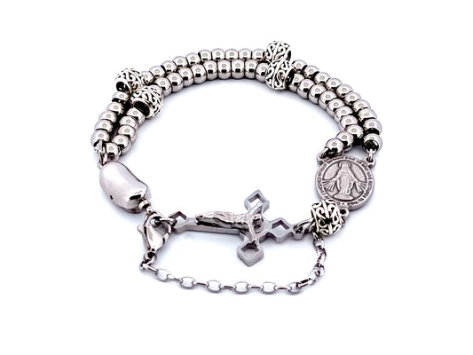 Miraculous medal unique rosary beads sterling silver and stainless steel wearable 5 decade rosary bracelet with Saint Benedict crucifix.