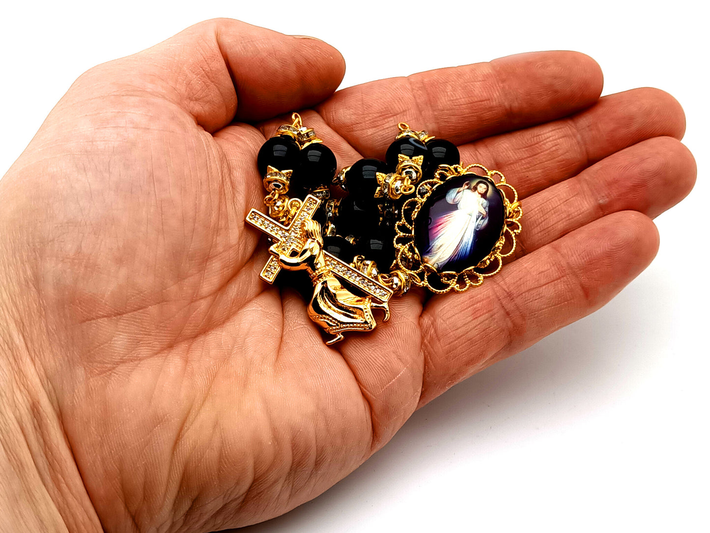 Divine Mercy onyx gemstone single decade rosary beads with gold plated Stations of the Cross crucifix.