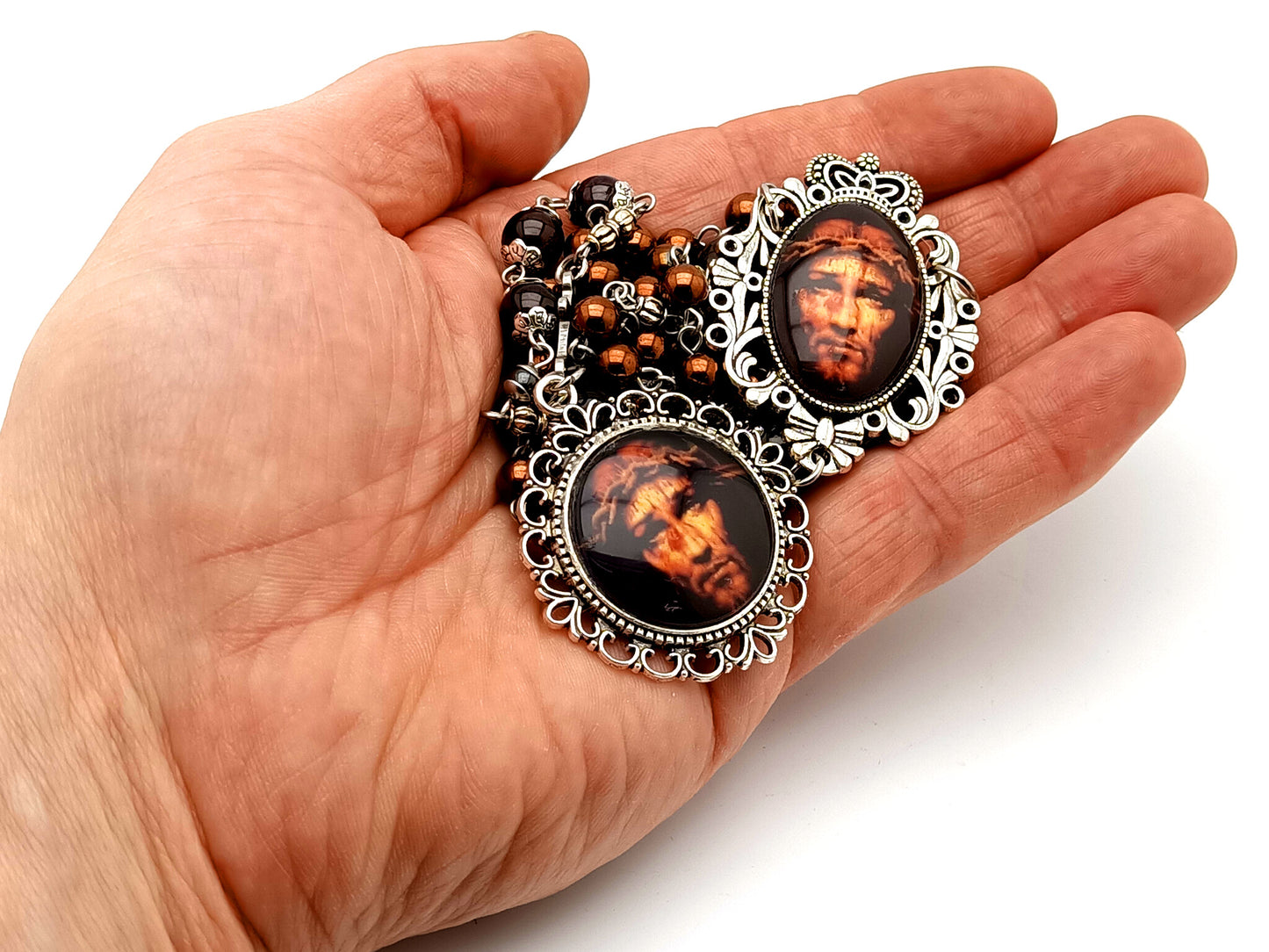 Precious Blood of Jesus unique rosary beads hematite gemstone prayer chaplet with Holy Face of Jesus domed picture medals.