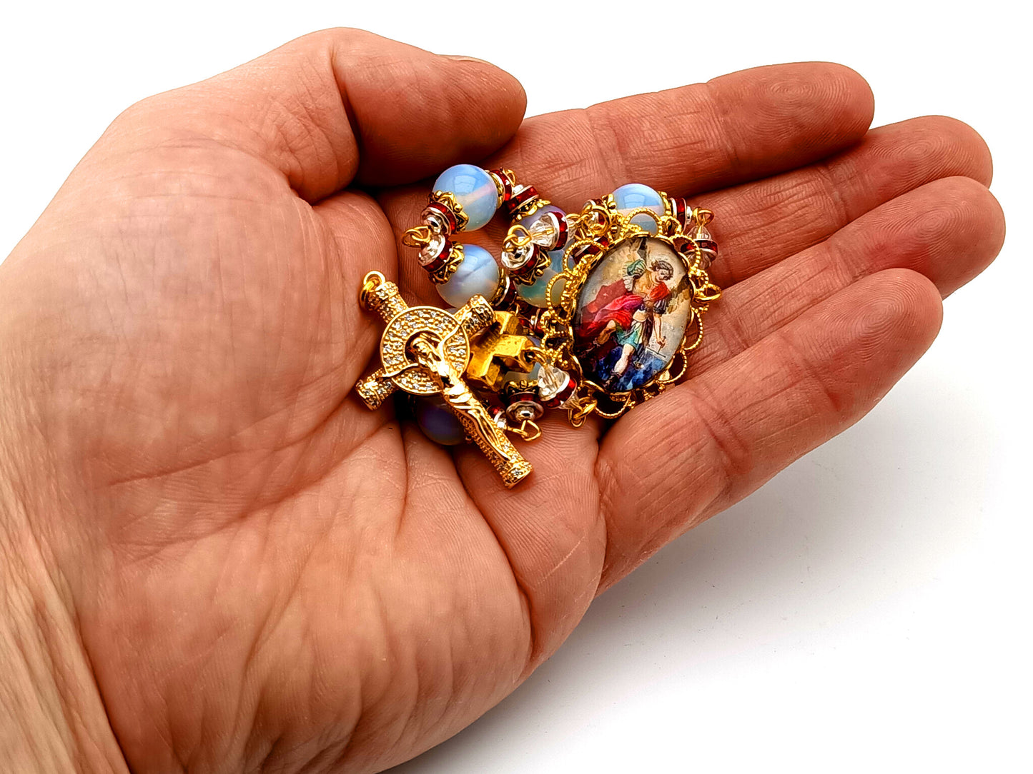 Saint Michael opal unique rosary beads gemstone single decade rosary beads with gold plated crystal crucifix.