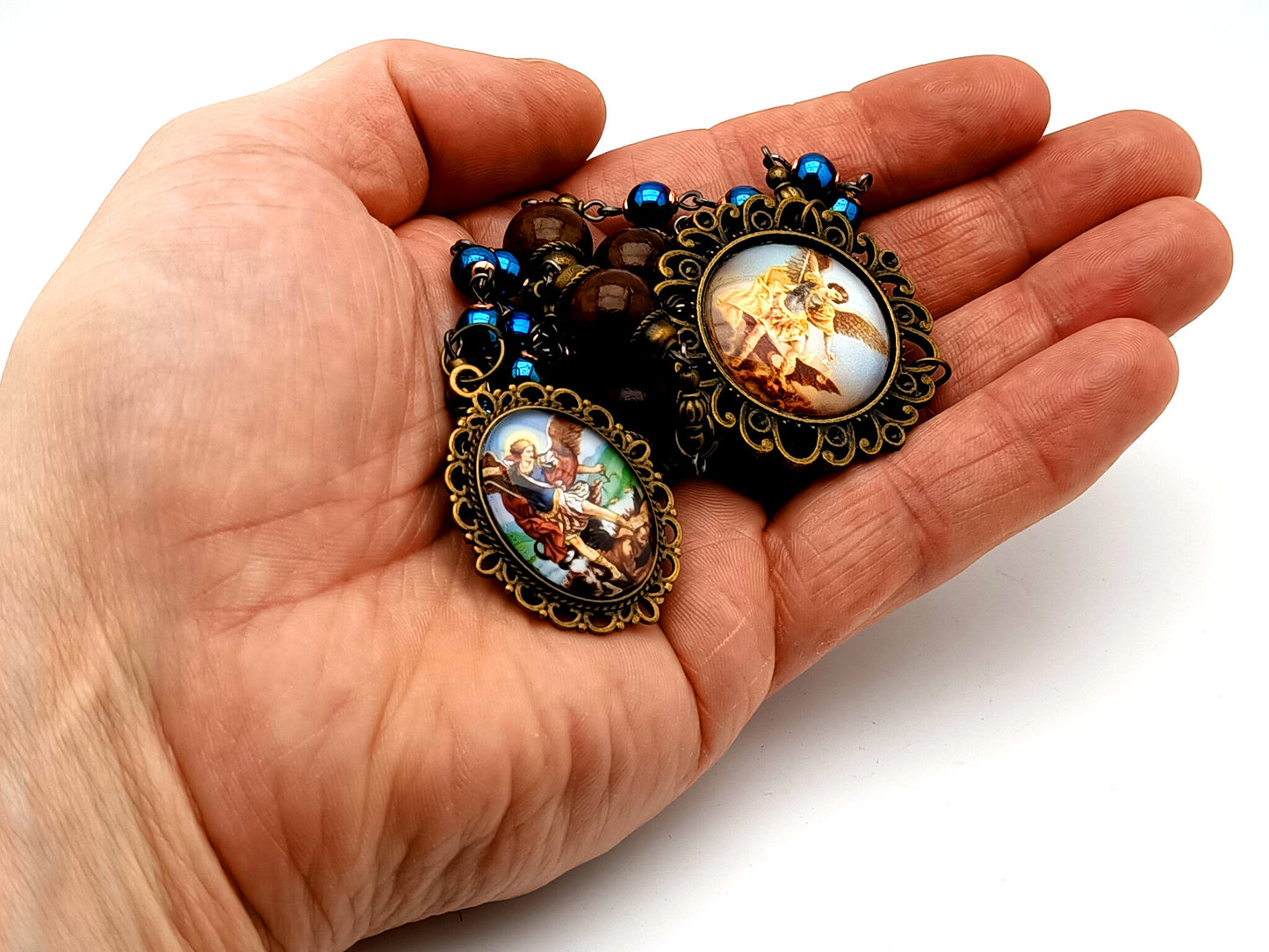 Saint Michael unique rosary beads hematite gemstone vintage style prayer chaplet with brass Saint Michael medal.