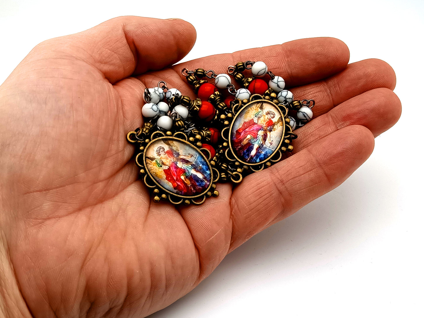 Saint Michael unique rosary beads gemstone vintage style prayer chaplet with brass Saint Michael medal.