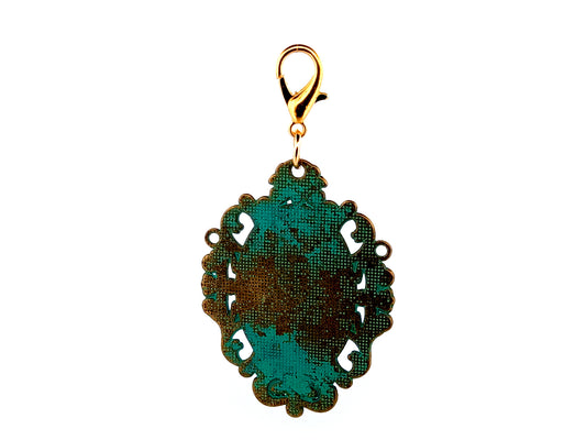 Angels adoring The Blessed Sacrament unique rosary beads large verdigris medal key fob with lobster clip.