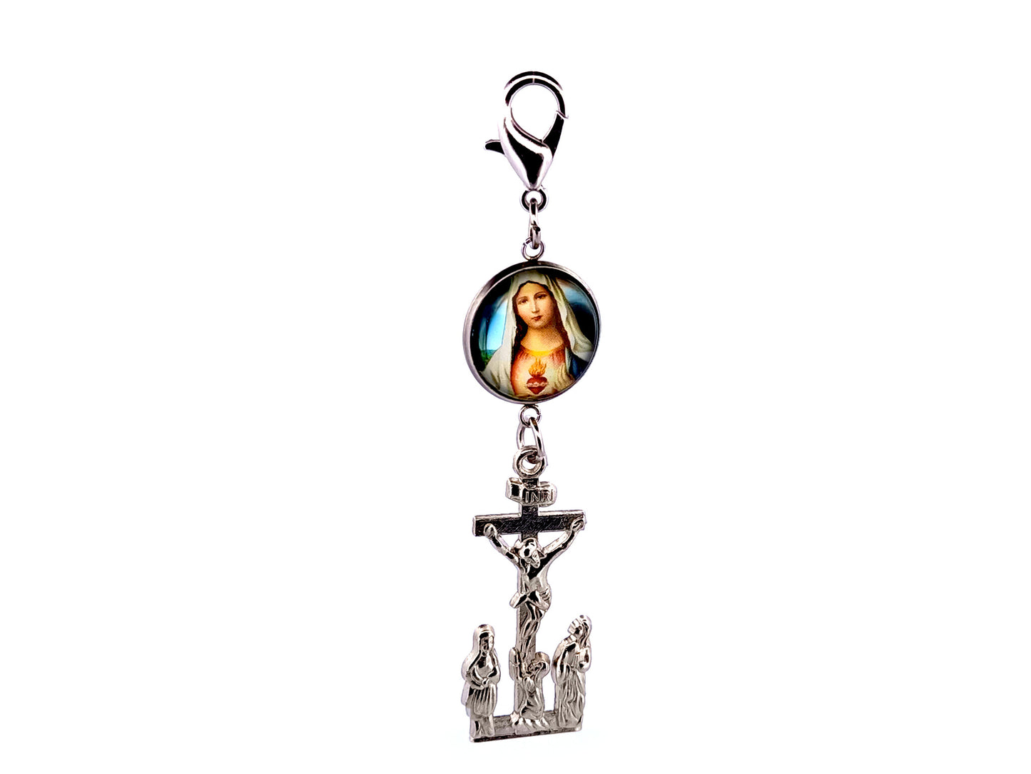 Immaculate Heart of Mary unique rosary beads picture medal key fob with Saint John and Mary crucifix.