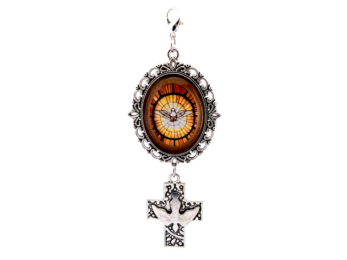 Holy Spirit large unique rosary beads domed picture medal key fob with silver plated Holy Spirit cross.
