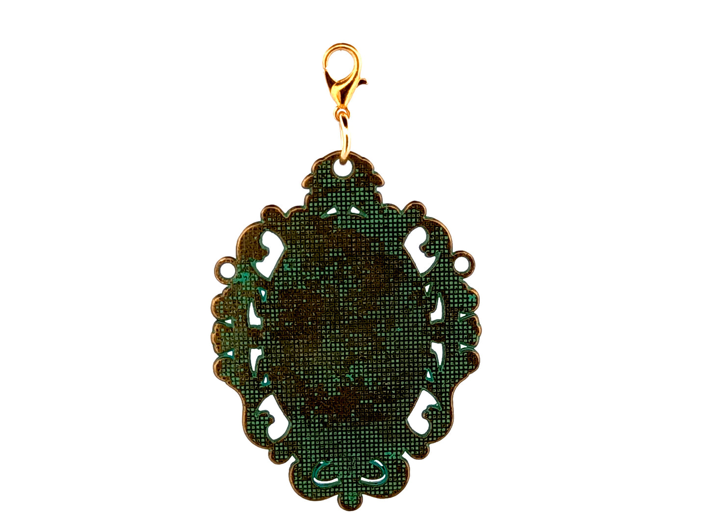 Our Lady of Perpetual Help unique rosary large verdigris medal key fob with gold plated lobster clip.