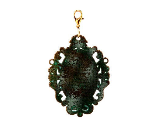 Our Lady of Perpetual Help unique rosary large verdigris medal key fob with gold plated lobster clip.
