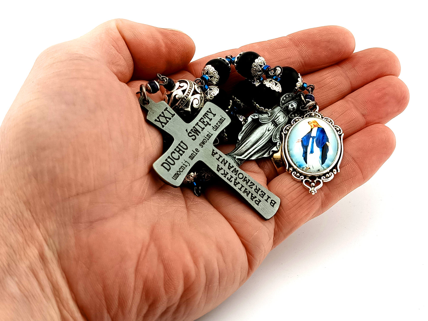 Our Lady of Grace and Holy Trinity crucifix single decade onyx gemstone rosary beads with Virgin Mary statue medal.