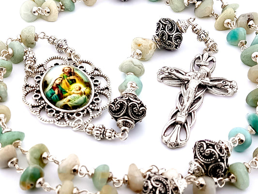 Holy Family unique rosary beads amazonite gemstone rosary beads with silver Bali beads and filigree crucifix.