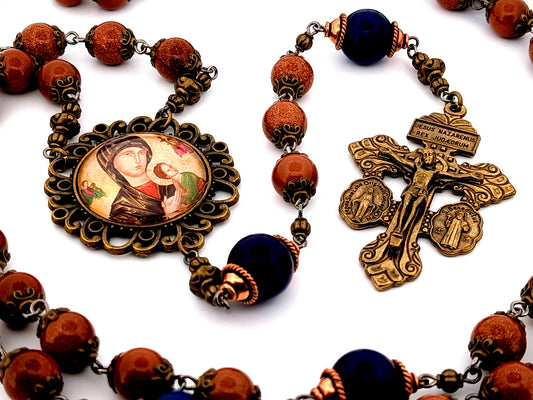Our Lady of Perpetual Help unique rosary beads redstone and lapis lazuli gemstone rosary beads with bronze Pardon crucifix.