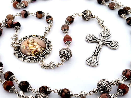 Saint Joseph unique rosary beads rhodonite gemstone rosary beads with four basilicas crucifix and silver Bali beads.