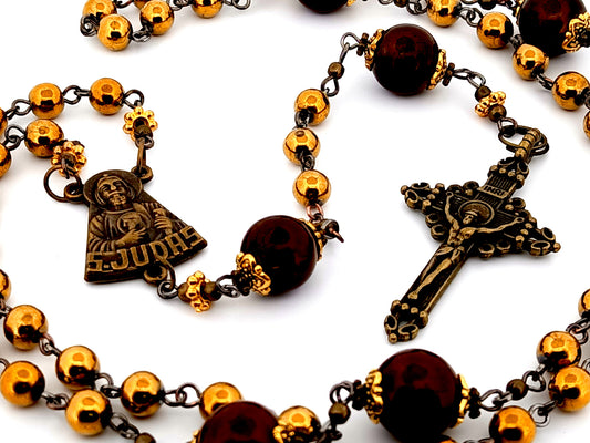 Saint Jude unique rosary beads vintage style gemstone rosary beads with antique brass crucifix and center medal.