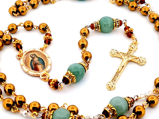 Our Lady of Guadalupe unique rosary beads hematite and aquamarine gemstone rosary beads with crystal crucifix